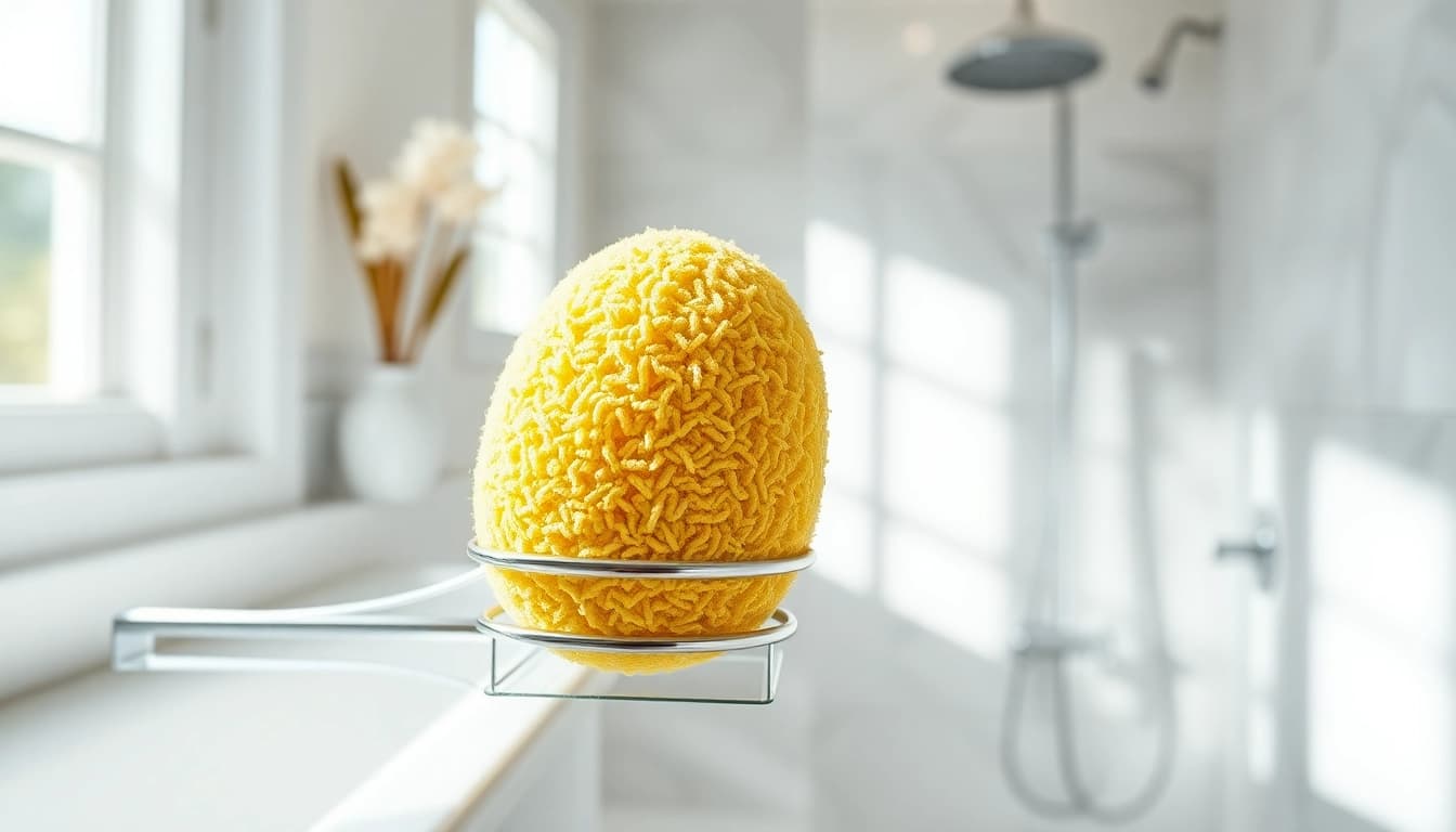 View of the best back loofah on a shower caddy, showcasing its natural texture and vibrant colors.
