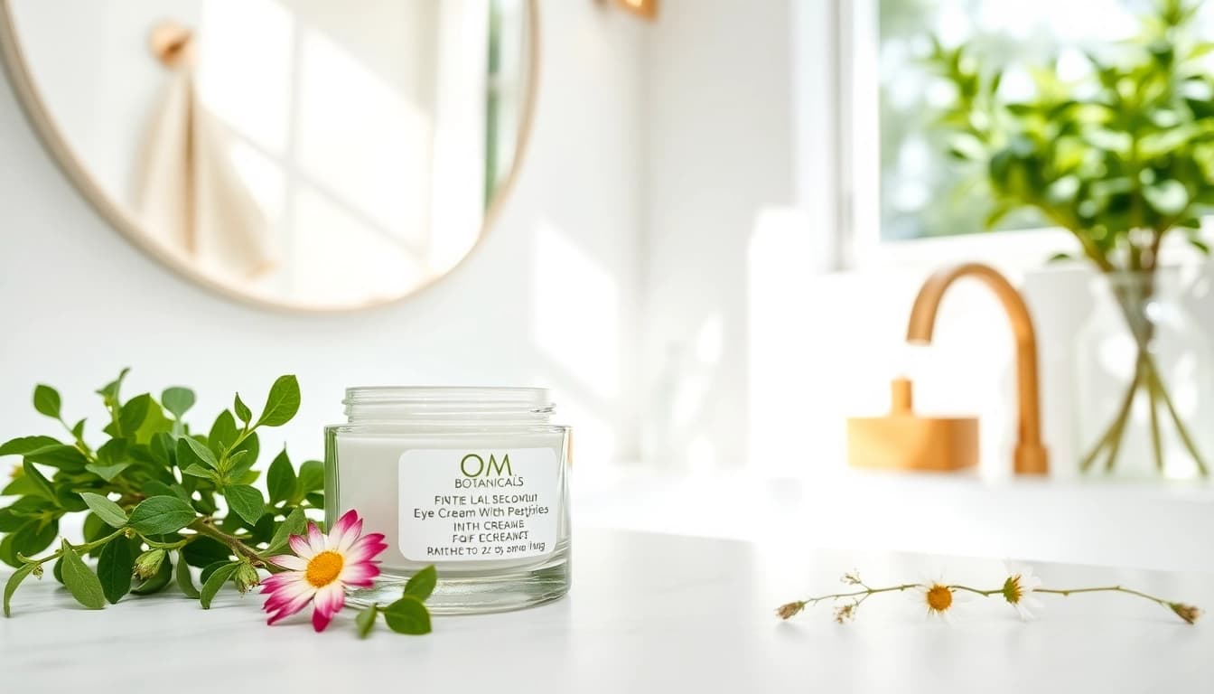 Revitalizing eye cream with peptides displayed against a serene bathroom setting filled with natural light.