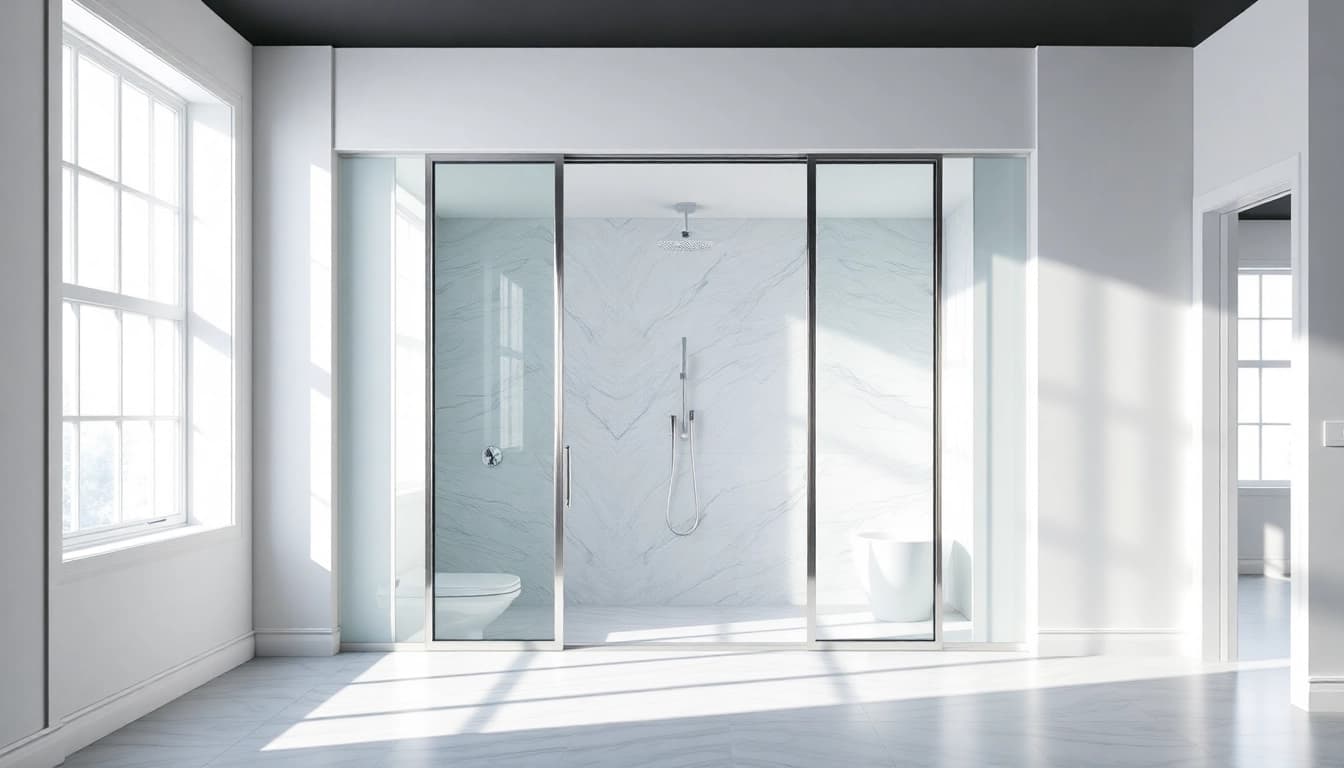 Shower doors sliding elegantly revealing a luxurious bathroom space.