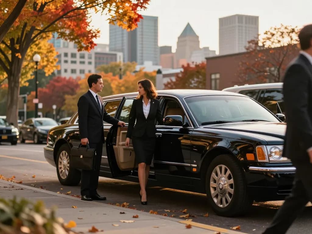 Bolingbrook limo service featuring a chauffeur opening a Lincoln Continental for a businesswoman in a vibrant city setting.
