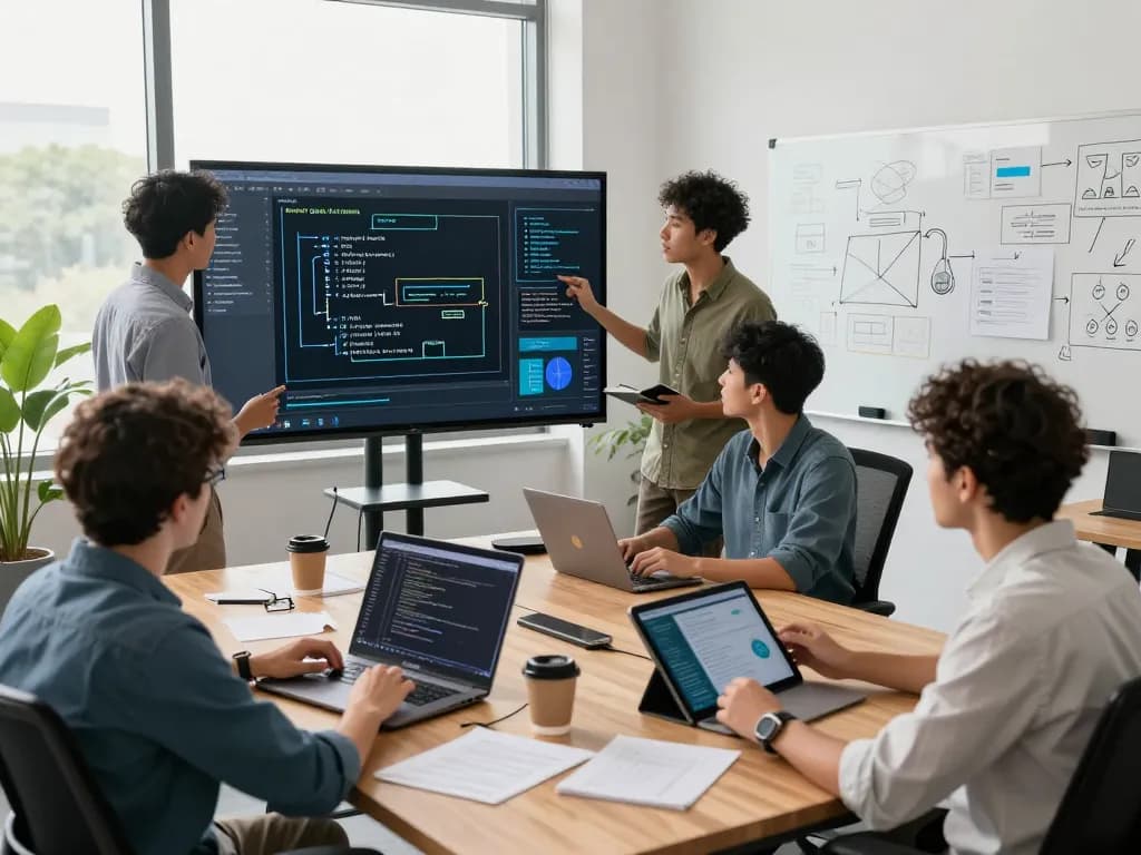AI development team collaborating on automation frameworks in a modern office setting.