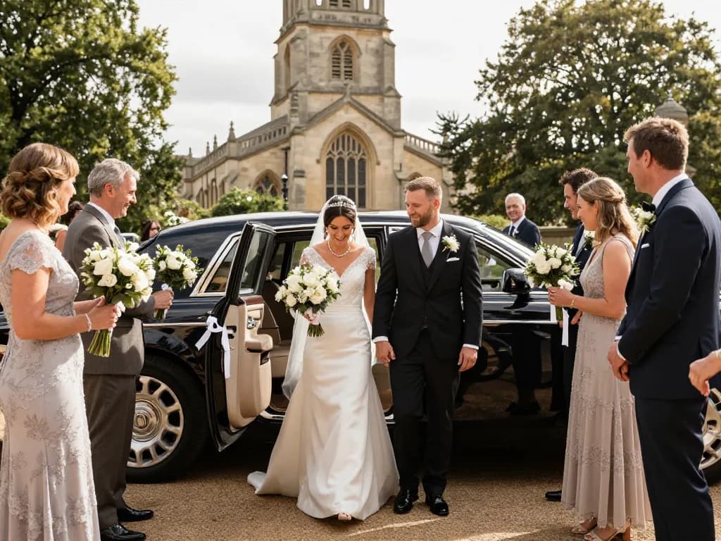Nottingham Limo Hire service featured with a luxurious Rolls-Royce Phantom wedding arrival, capturing romance and elegance.