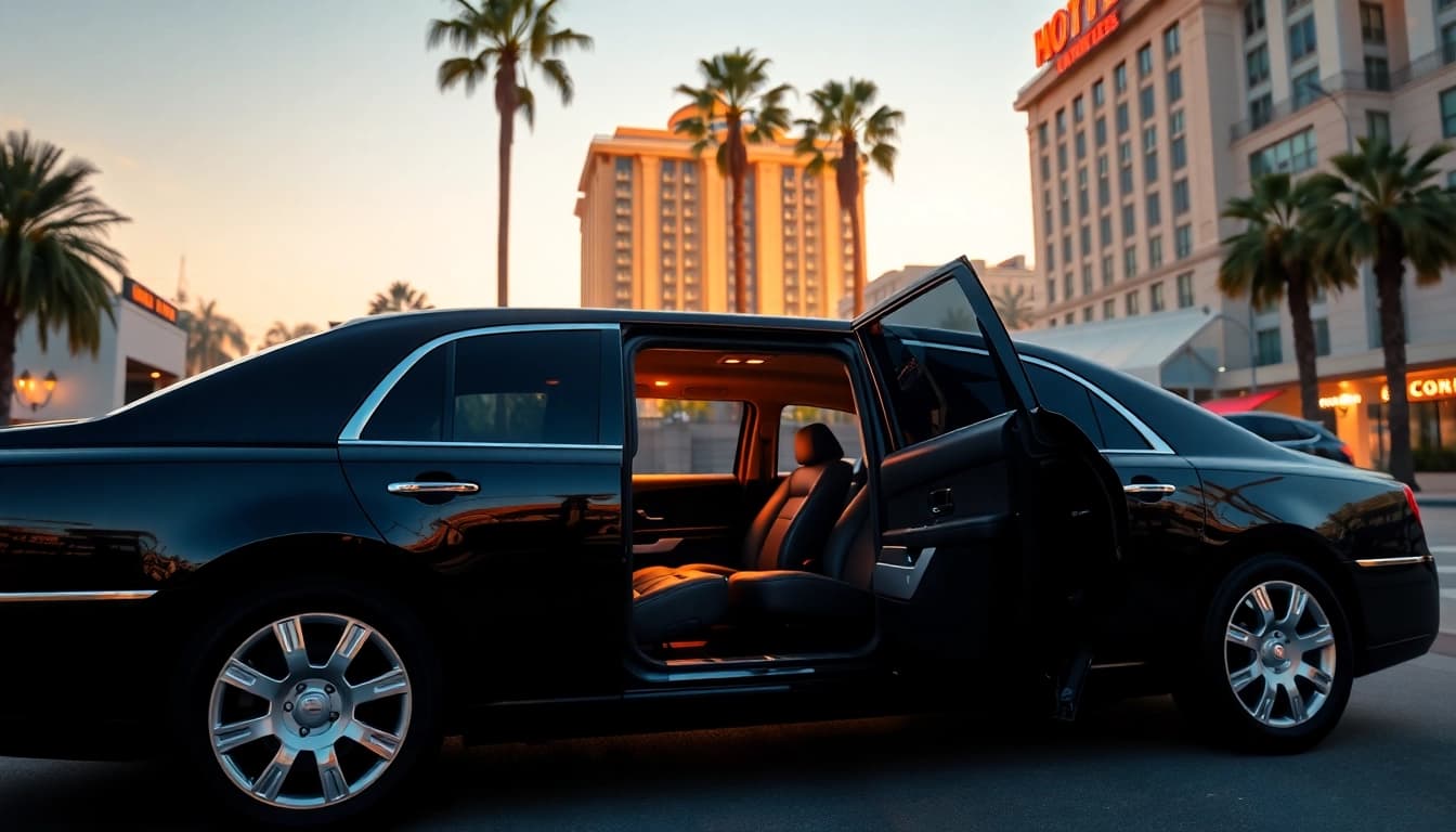 Hollywood Town Car and Limousine parked at a luxury hotel in Los Angeles, showcasing elegance and professionalism.
