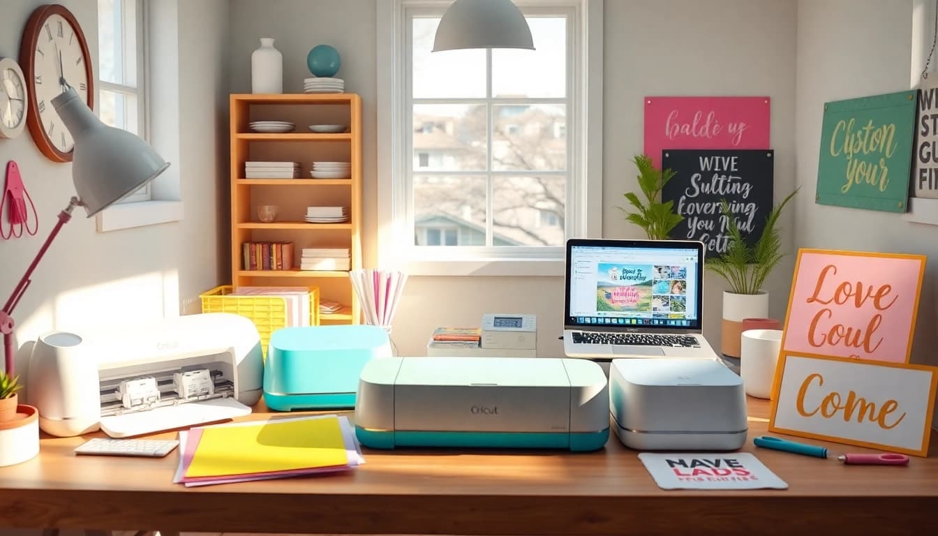Cricut for beginners showcasing a vibrant crafting workspace with Cricut machines, colorful materials, and creative projects.