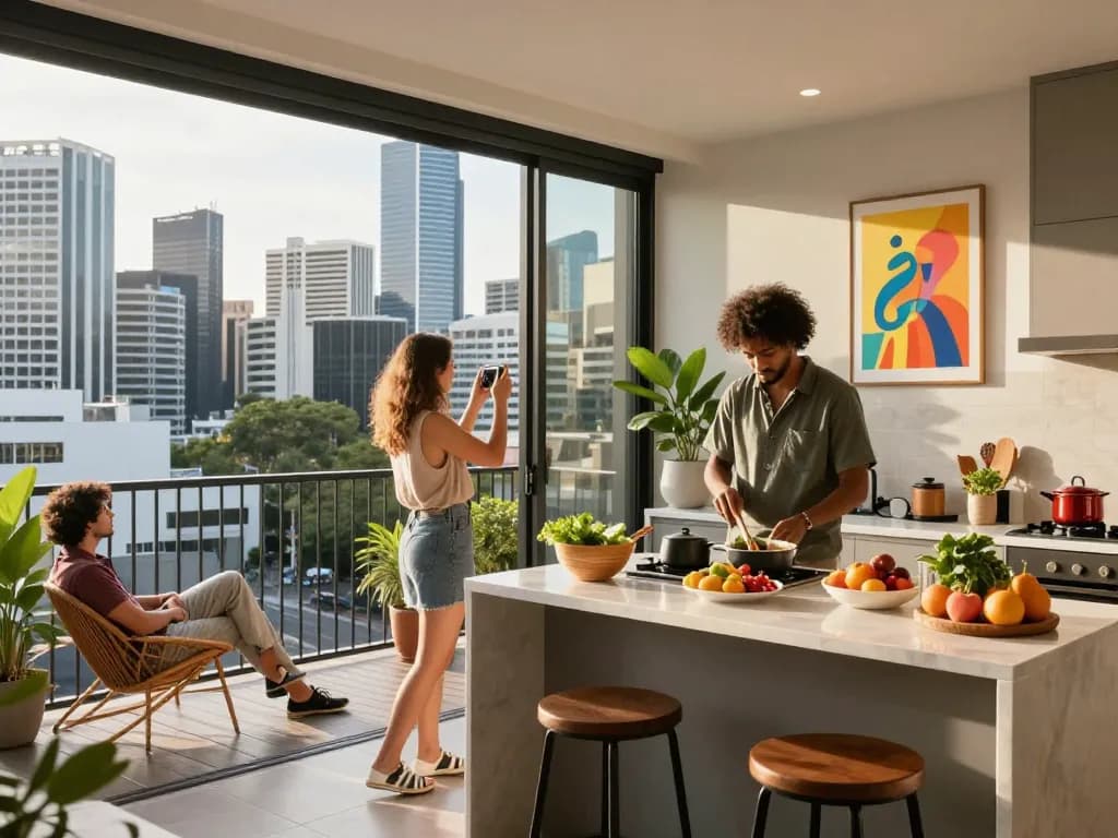 Group enjoying Airbnb management in Brisbane, showcasing vibrant short-term rental space with city views.