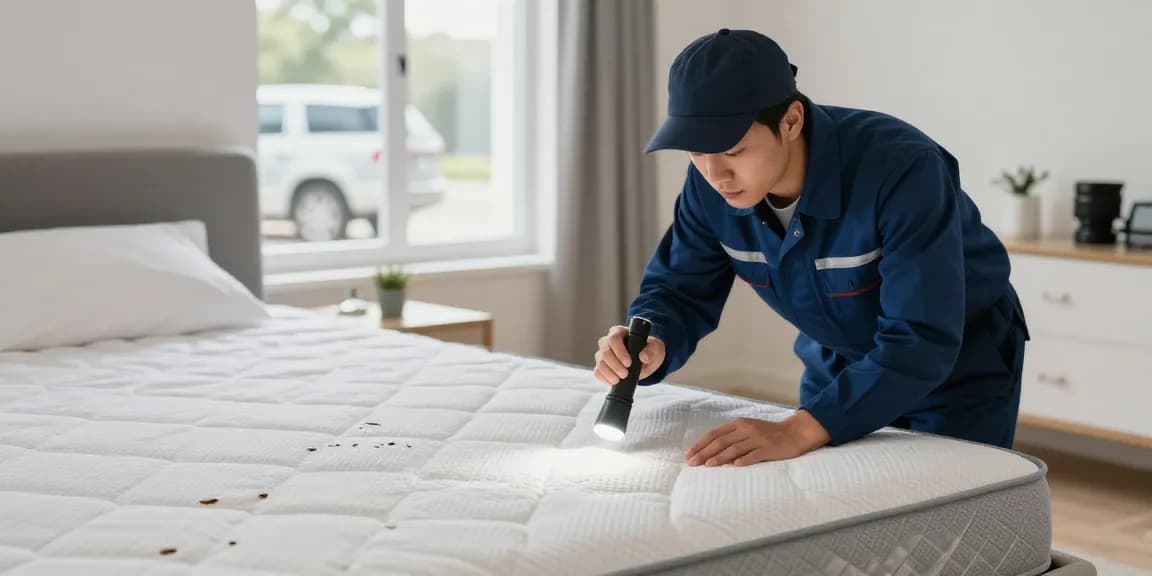 Bed bug pest control expert inspecting a mattress in a bright, safe bedroom.