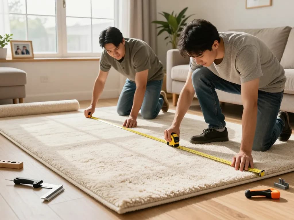 Skilled carpet fitters near me installing soft carpet in a cozy living room.