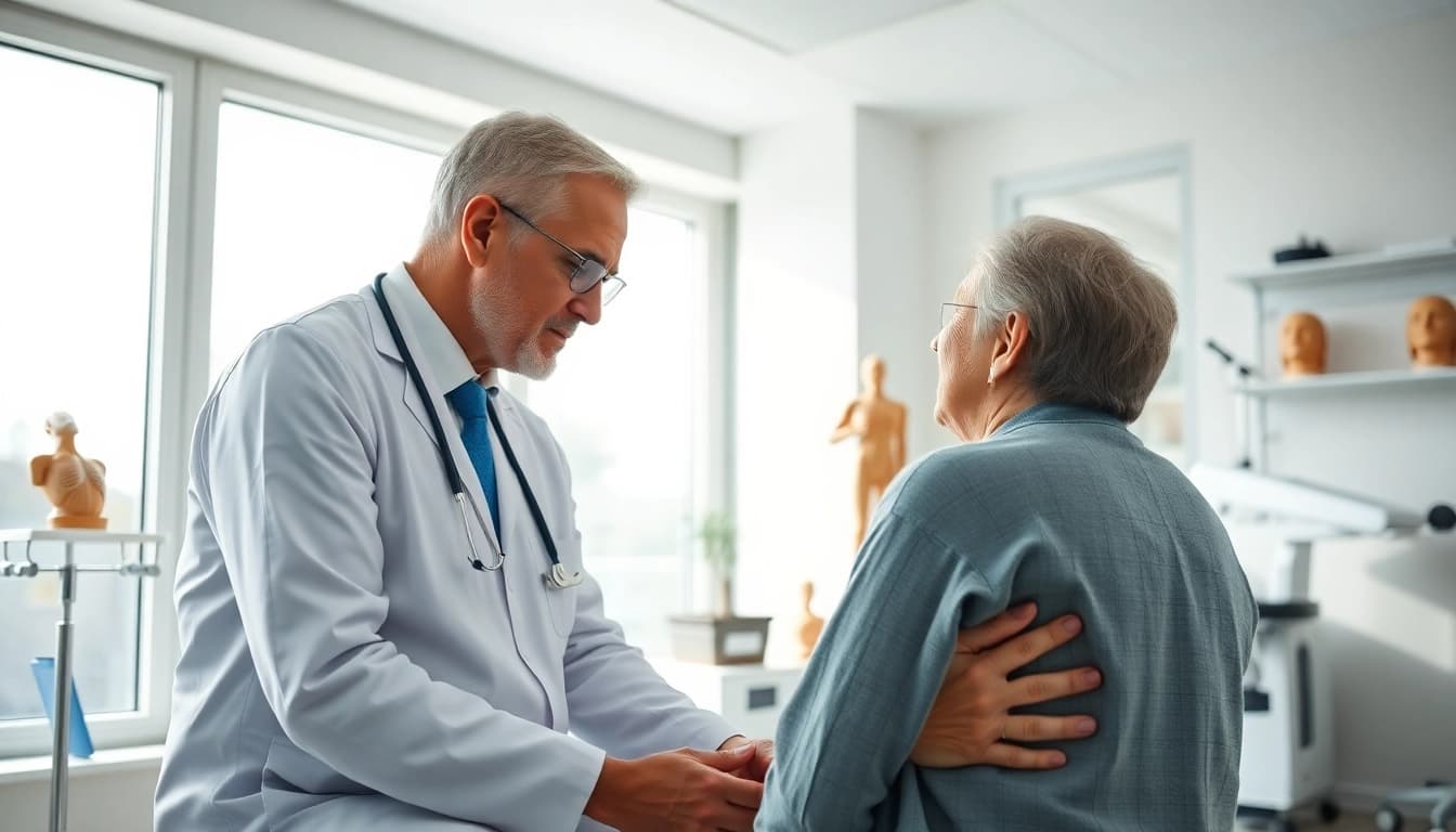 Patient discussing chronic low back pain with a healthcare provider in a clinical setting.