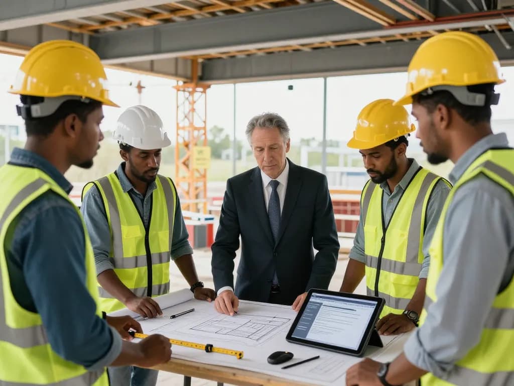 Engaged construction lawyer York Region discussing contracts at a busy construction site with a team.