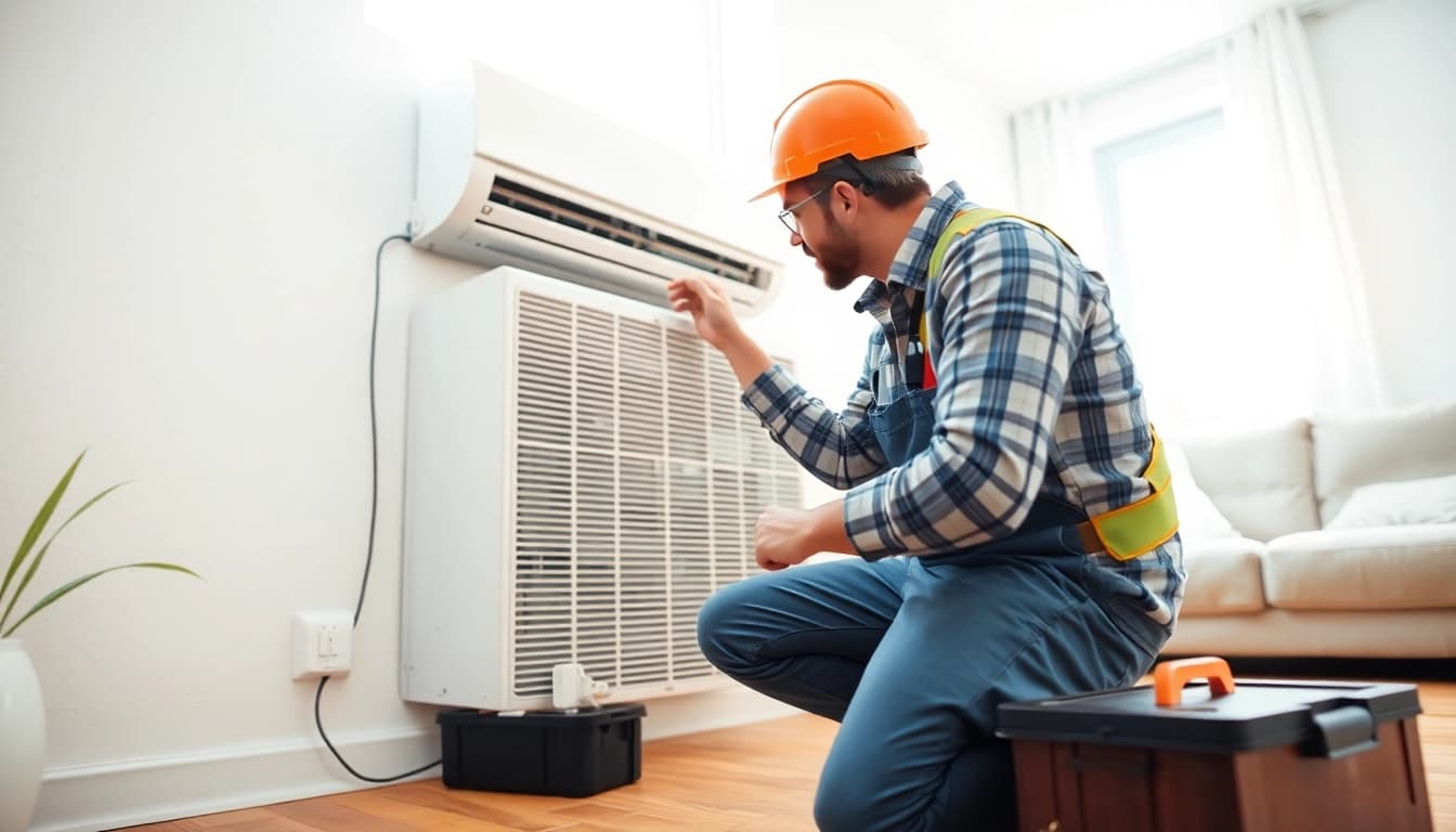 Air Conditioning Repair Tampa: Expert technician servicing an indoor AC unit in a bright living room.