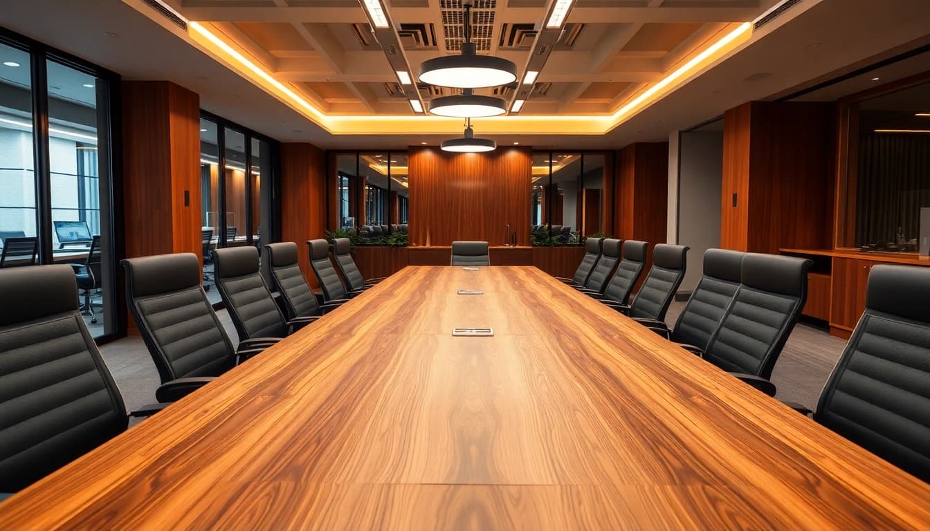 Custom conference table showcasing handcrafted quality and modern design in a professional office setting.