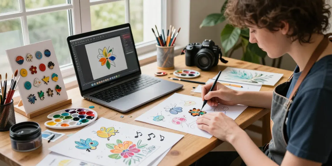 Artist designing custom acrylic pins in a colorful creative workspace
