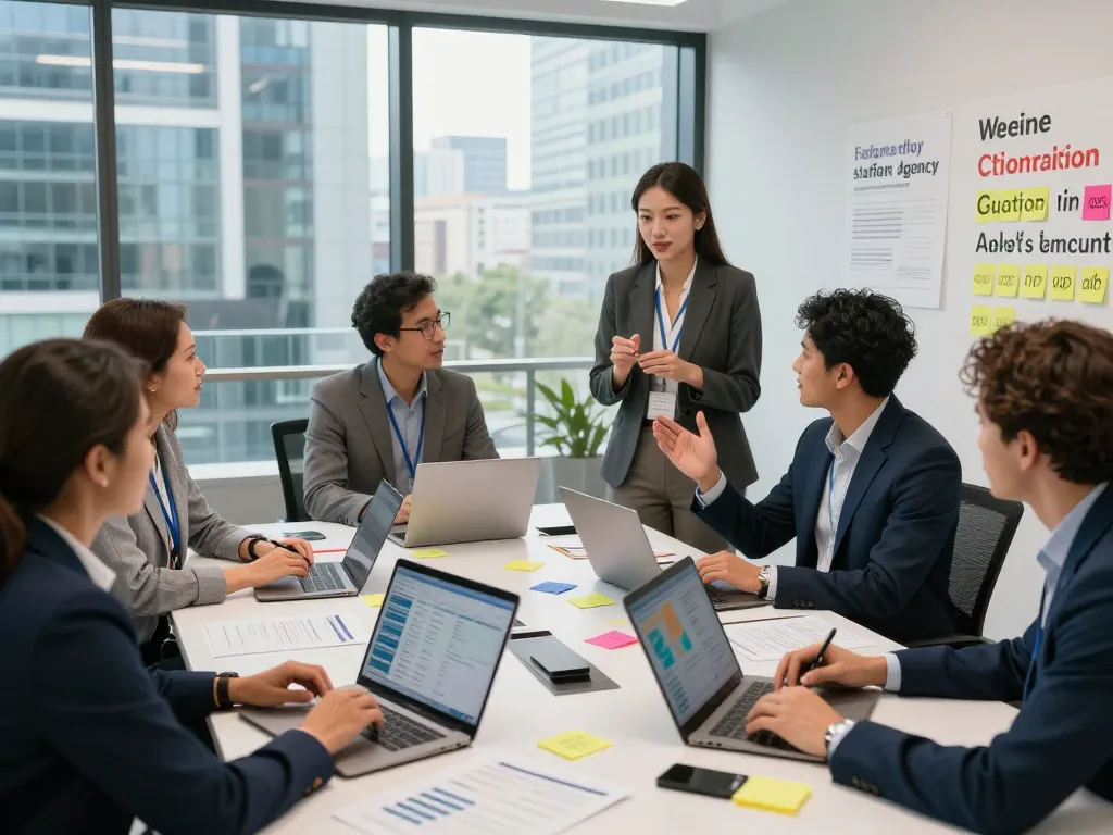 Dynamic meeting scene at temporary staffing agencies, diverse professionals collaborating on recruitment strategies in a modern office.