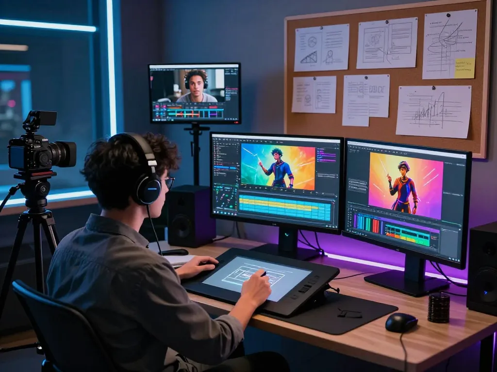 Creative professional using mind control ai to enhance video editing in a modern tech studio
