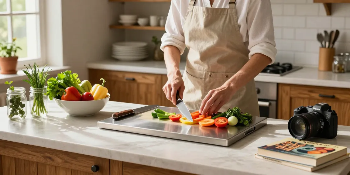 Preparing fresh vegetables on the best titanium cutting board in a rustic kitchen setting with vibrant colors and natural light.