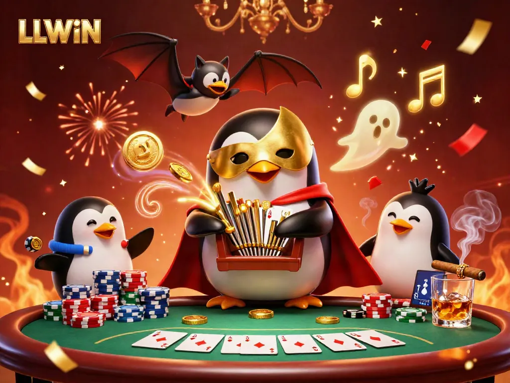 LLWIN features an animated penguin playing an organ while coins cascade, surrounded by poker elements.