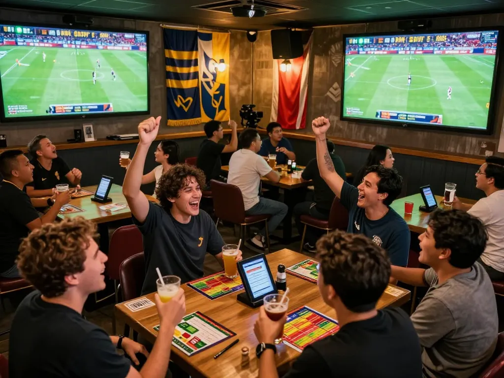 Capturing a lively sports bar atmosphere, fans cheering for truc tiep bong da with drinks and betting slips, showcasing excitement.