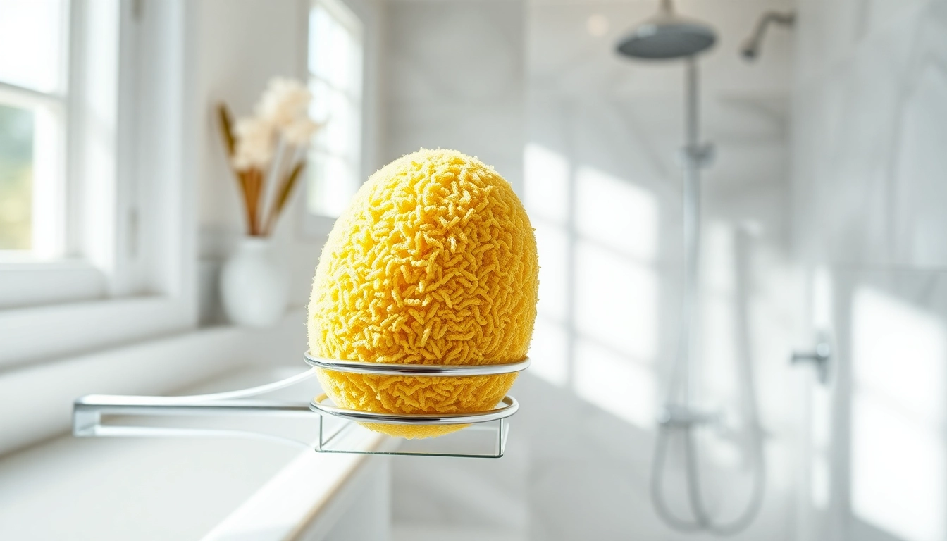 View of the best back loofah on a shower caddy, showcasing its natural texture and vibrant colors.