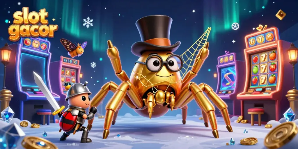 Engage with slot gacor excitement through a golden tarantula and a knight in a captivating casino scene.