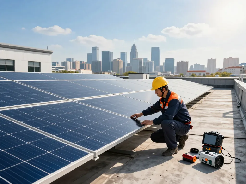 Technician assessing solar panels for LID- und LeTID-Degradation on a commercial rooftop.