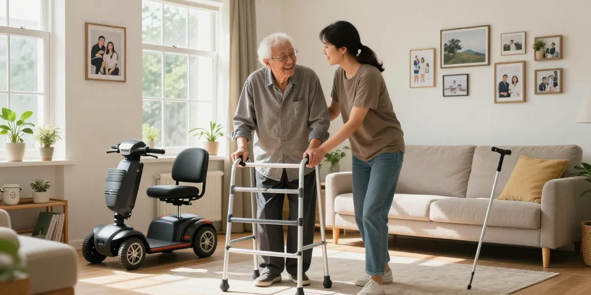 Buy nobility aids for enhanced mobility, showcasing an elderly person with caregiver in a heartwarming setting.