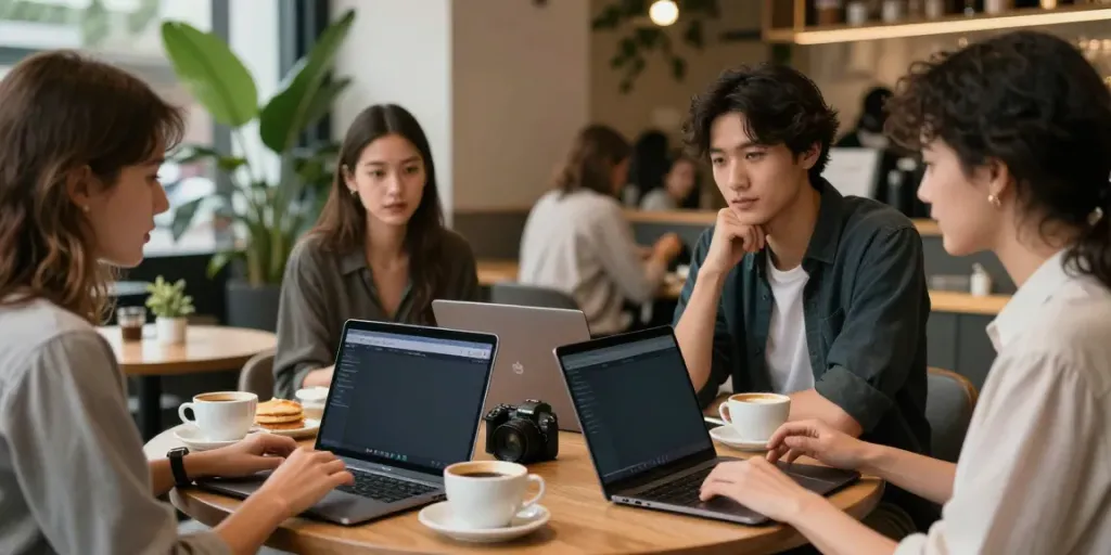 Friends engaged in conversation with rokok88 link visible on their screens in a café.