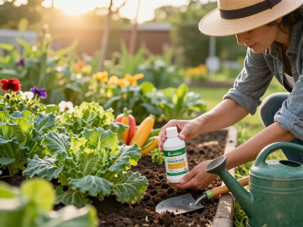 Aplicando fertilizante orgánico a un vibrante jardín en casa, mejorando la salud de las plantas.