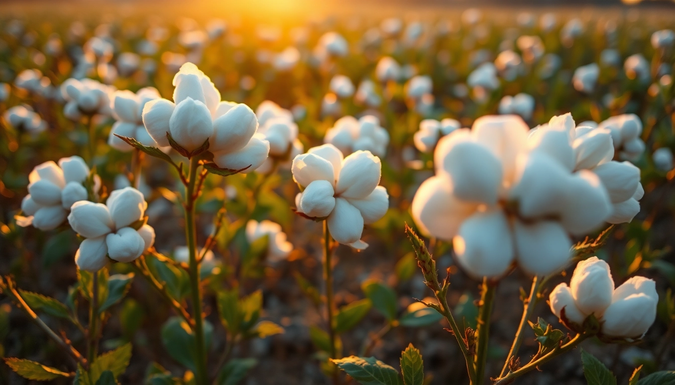 Katoenplant met delicate bolletjes in een zonsondergang veld, stralend in gouden licht.