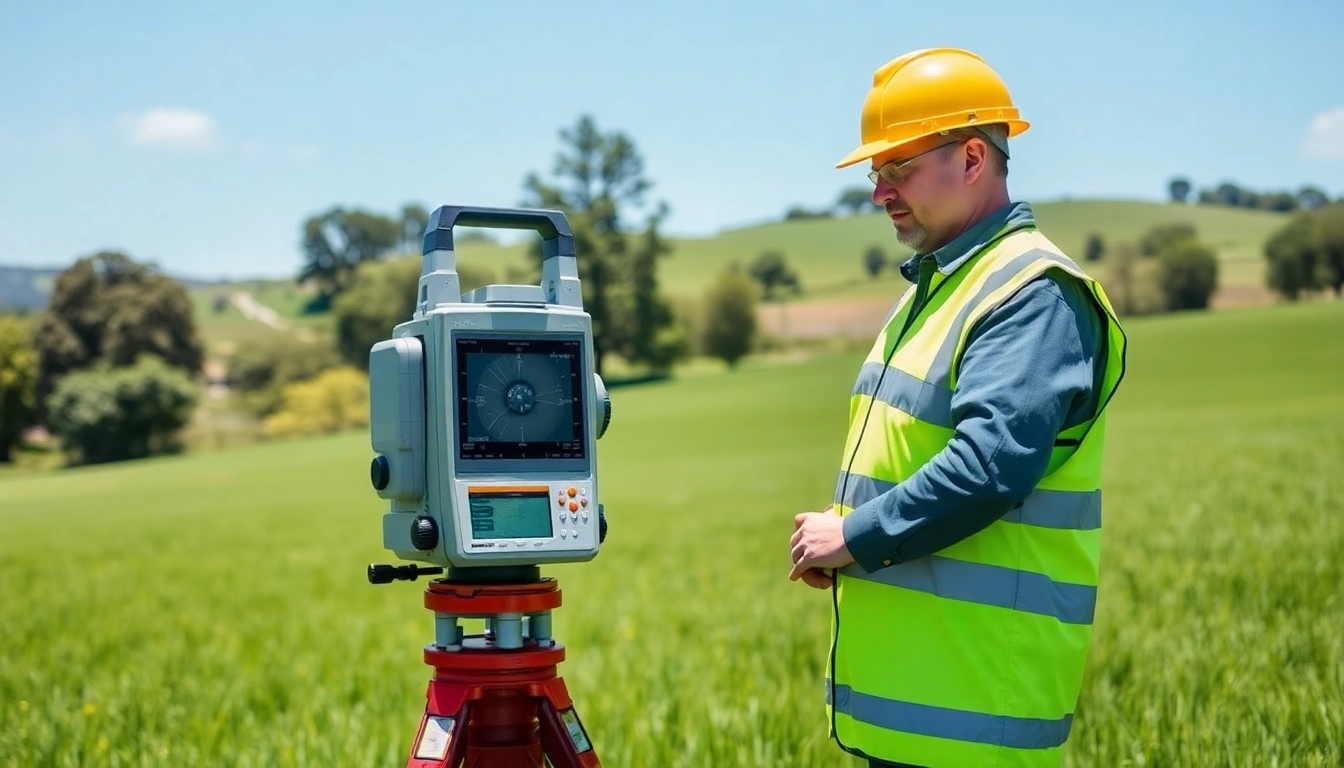 GPR surveys Surrey conducted by a professional land surveyor using advanced GPR technology in a scenic green field.