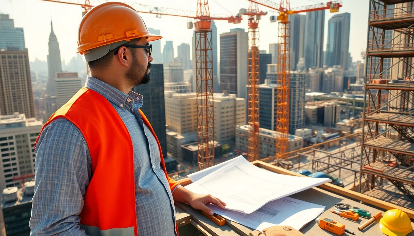 New York City Construction Manager supervising an urban development project against the NYC skyline.