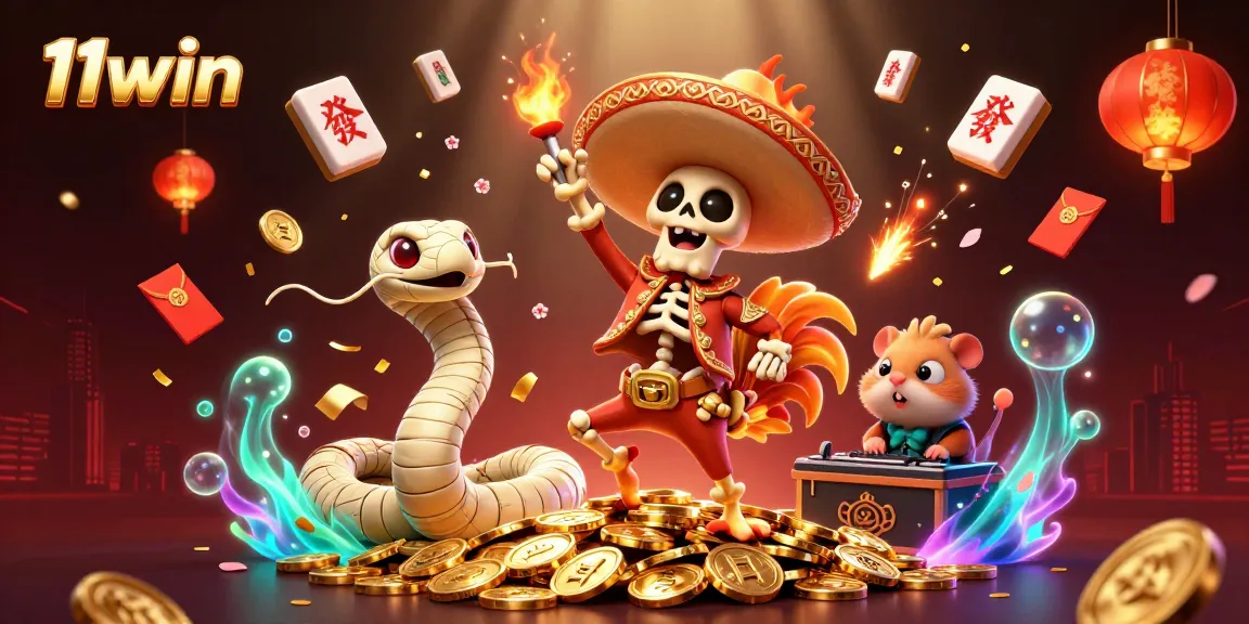 Engage with 11win's vibrant casino scene featuring a celebratory skeleton rooster and festive elements.
