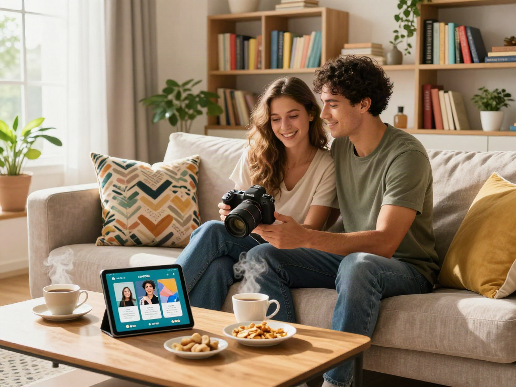 Couple relaxing in stylish lounge with rokok88 app on tablet, cozy decor.
