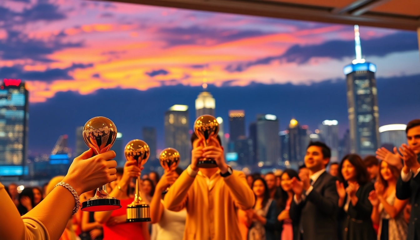 Celebrate construction awards with presenters showcasing trophies at an elegant ceremony.