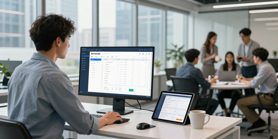 Service manager interacting with all-in-one service software in a modern workspace, showcasing efficiency and collaboration.