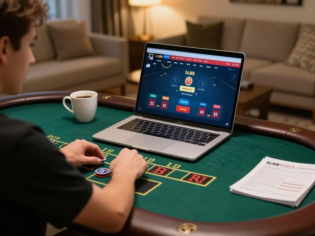 Playing live dealer blackjack at lc88 with an inviting home setup, focusing on strategic betting