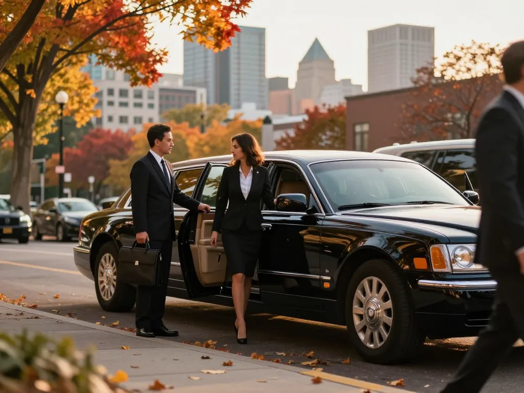 Bolingbrook limo service featuring a chauffeur opening a Lincoln Continental for a businesswoman in a vibrant city setting.