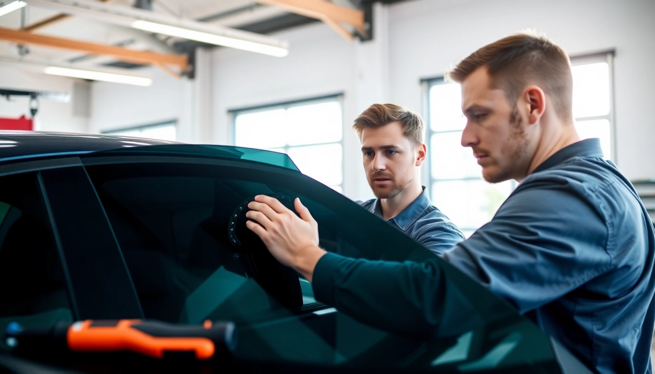 Find expert services for window tint near me with a technician applying tint in a sleek garage.