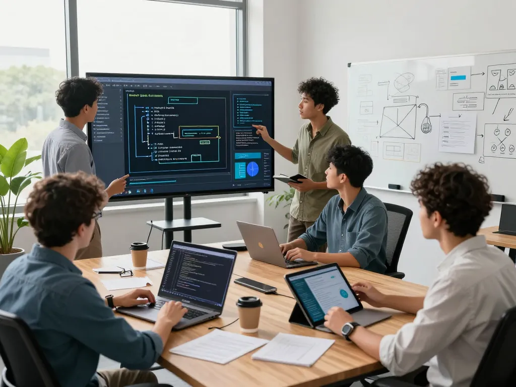 AI development team collaborating on automation frameworks in a modern office setting.