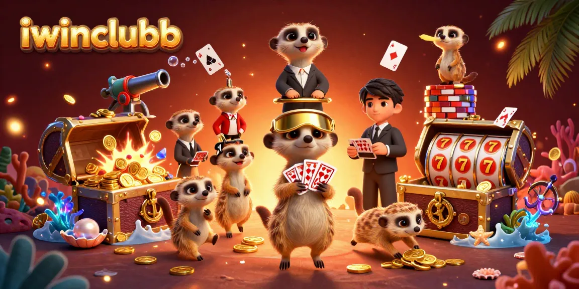 The iwinclubb meerkat casino showcases card dealers and vibrant slot games in a lively scene.