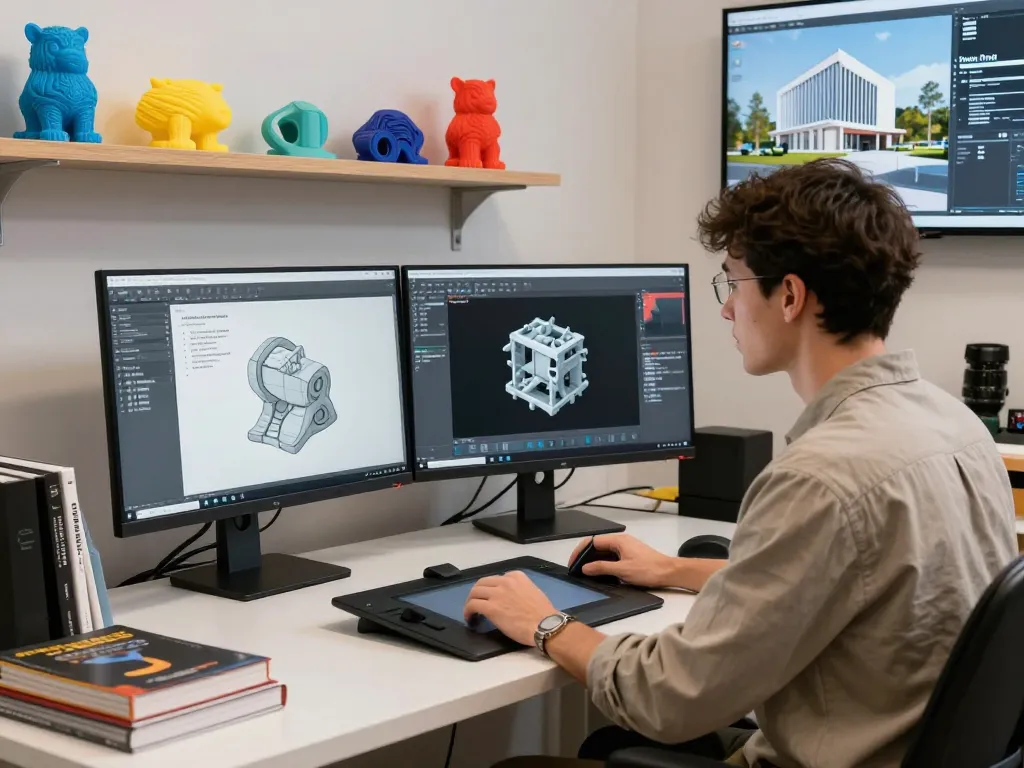 Designer using a 3D Model generator in a tech studio to create intricate designs, showcasing innovation and creativity.