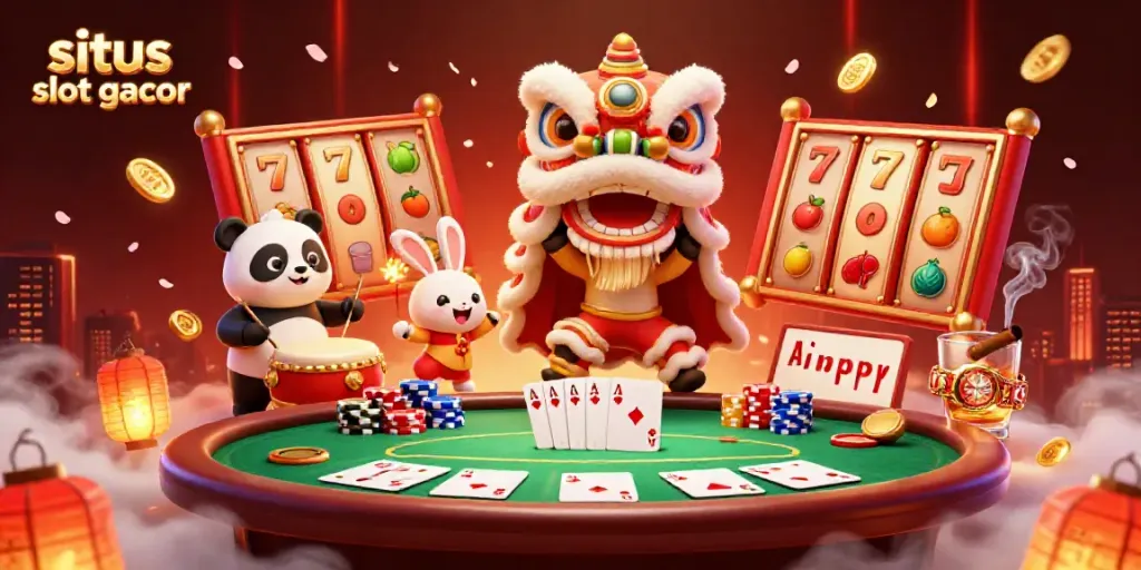 Experience excitement at situs slot gacor with a vibrant lion dance and various casino elements in this illustration.