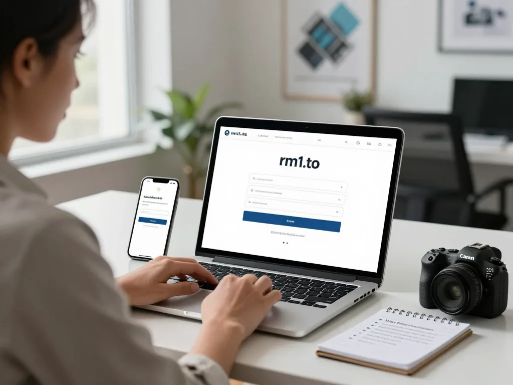 Individual accessing rm1.to login page on sleek laptop in modern office