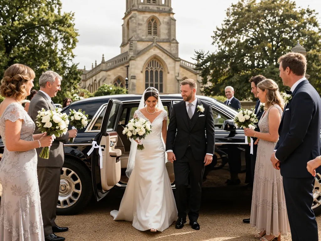 Nottingham Limo Hire service featured with a luxurious Rolls-Royce Phantom wedding arrival, capturing romance and elegance.
