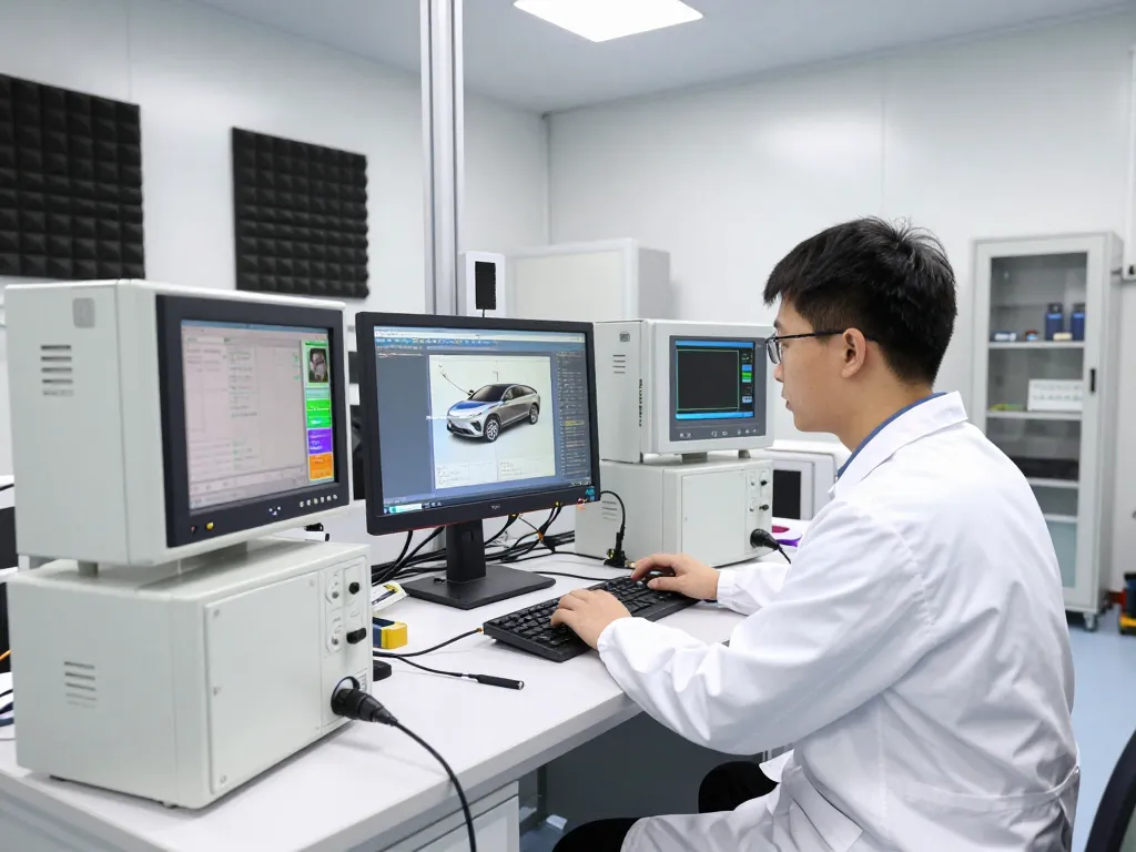 Automotive EMC testing in a professional lab, technician analyzing compliance with advanced testing equipment.