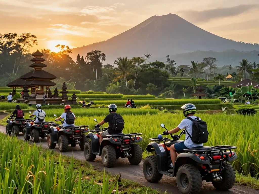 Find Bali tour packages while adventurers explore lush jungles on ATVs.