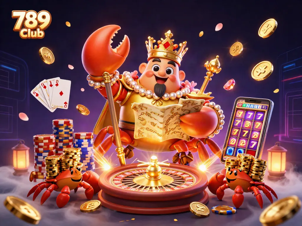 Experience the thrill of 789 Club as the golden crab emperor commands a vibrant casino scene.