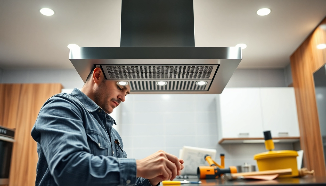Observe an expert in exhaust hood installation perfecting their craft in a modern kitchen.