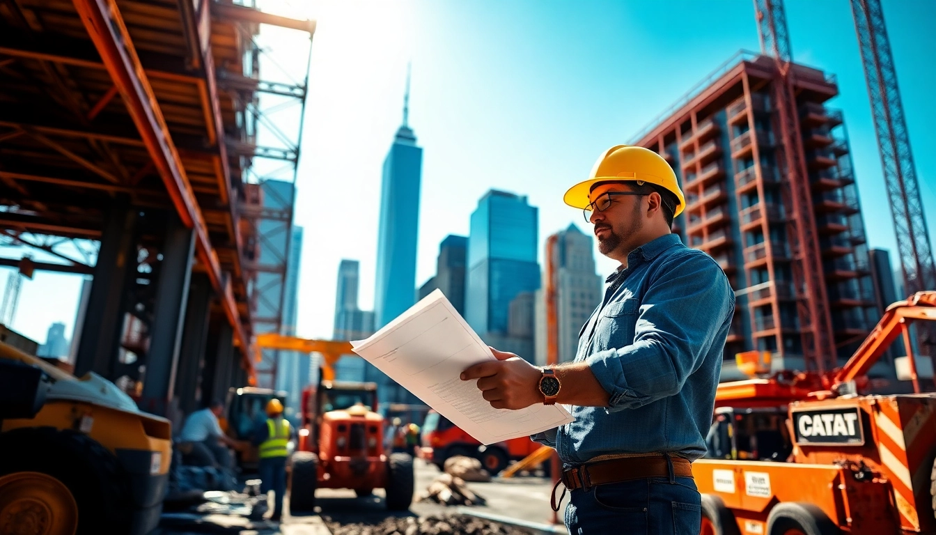New York City General Contractor collaborating on a blueprint at a busy construction site.