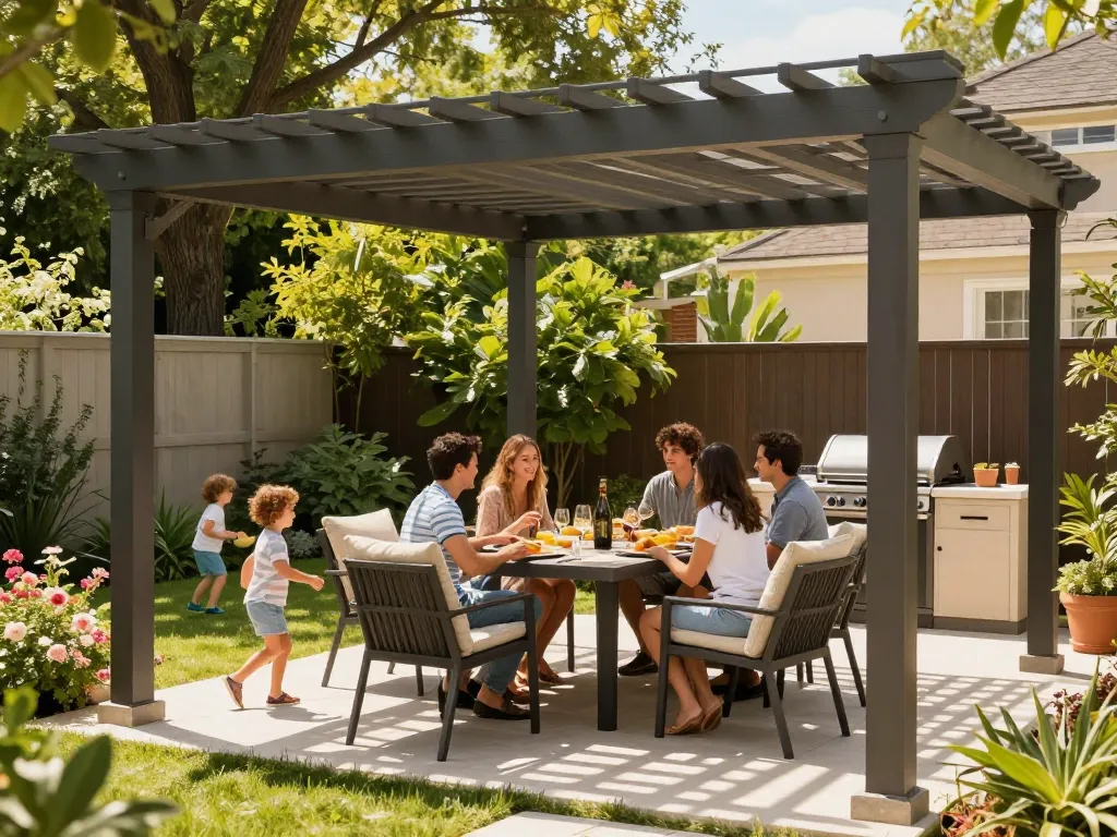 Custom pergola configurator enhancing a vibrant outdoor dining experience with family and friends.