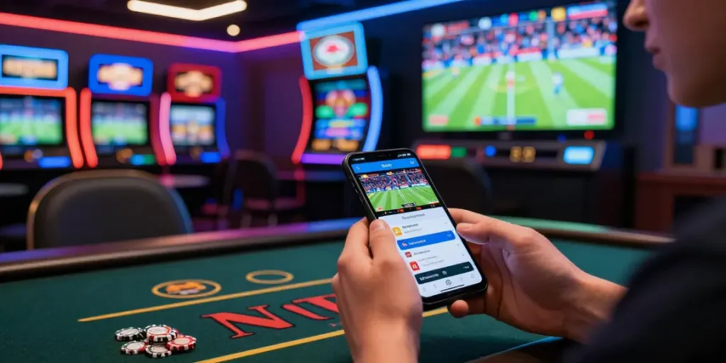 Person logging into M88 platform on smartphone within dynamic gambling setup.